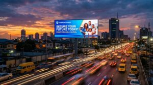 A billboard displaying financial service advertisement
