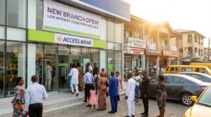 A brand new modern Nigerian bank branch exterior on a busy commercial street, with a small crowd of Nigerian customers entering and exiting.