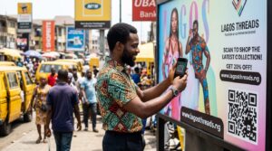 A man scanning a QR code on a billboard