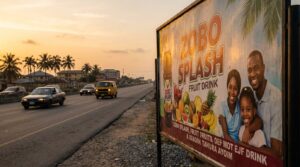 A billboard showing a colourful beverage advertisement