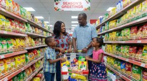 A family of four, parents and two children, shopping together inside a well-stocked supermarket