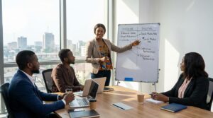 brand manager presenting a marketing strategy to a small team