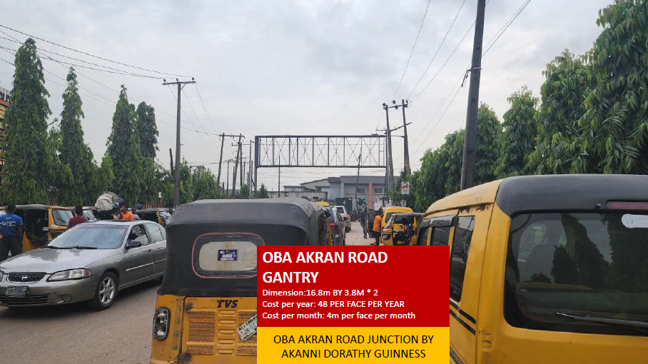 Gantry Billboard at Oba Akran Road Junction by Akanni Doherty Guinness, Ikeja, Lagos