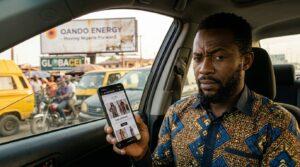A man looking at his mobile phone in a car