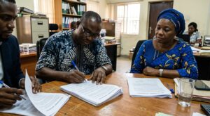 A man and woman signing a formal document