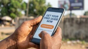 A man holding a phone with a website link opened