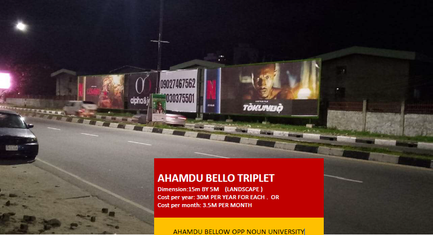Triplet Billboard at Ahmadu Bello Way Opposite NOUN University, Lagos (1 Unit)