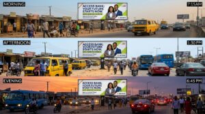 How Nigerian SMEs Can Afford Billboard Advertising (A Budget Guide) 3 Roadside billboard seen across different times of day (morning, afternoon, evening)