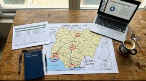 a map of Nigeria on a table with Lagos, Abuja, Port Harcourt, Kano, and Ibadan circled in red marker
