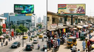 A  large LED billboard in Victoria Island and a static billboard in a market in Kano