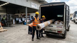 printing facility worker supervising large-format billboard vinyl rolls being loaded onto a truck for delivery