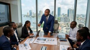A brand manager in a boardroom pointing at a printed campaign proposal on a table
