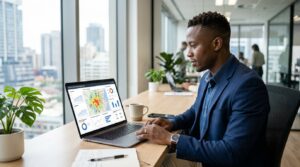 A young guy analyzing billboard campaign data on a laptop