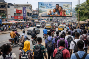 A lively university road scene in Ibadan, Nigeria, showing young students on foot