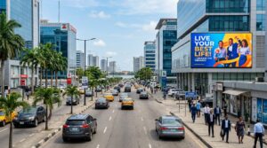 Street view of a location with billboard
