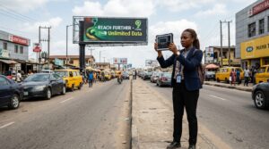 A woman inspecting a billboard location