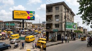  comparison photograph showing two billboards on the same street