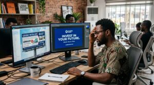 graphic designer at a workstation looking stressed, comparing a cluttered billboard mock-up on one screen showing too much text