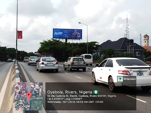 Billboard in Port Harcourt, Rivers State, along Aba Road by Garrison Flyover Junction, facing Waterline and Rumuola